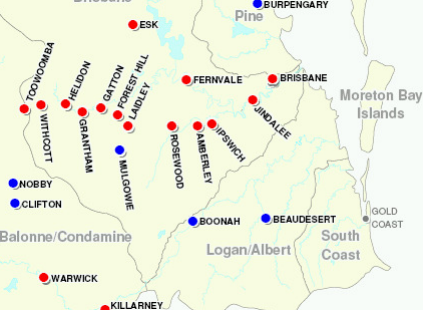 Location map - 2011 Ipswich Flood (Red dots - flood inundated towns. Blue dots - flood affected towns)
